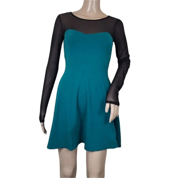 Forever 21 Black Green Mesh Fit Flare Skater Dress - Picture 1 of 4
